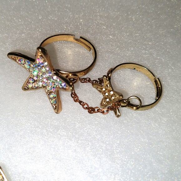 Stasia Star: Bling Rhinestone Double Star Rings adjustable OSFA gold costume - Picture 5 of 8